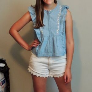 Madewell Floral Embroidered Denim Ruffle Top S